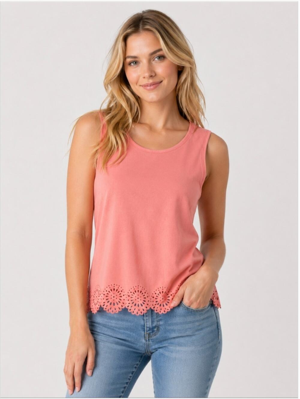 LOFT Pink Sleeveless Laser Cut Scalloped Tunic Top Sz L Preppy Office Casual
